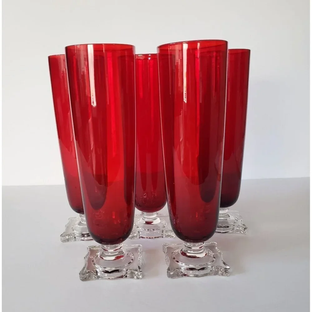Vintage MCM Seneca Slim Jim 903 Ruby Red Footed Pilsner Beverage Glass Vase Set
